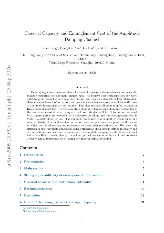 First page of Classical Capacity and Entanglement Cost of the Amplitude Damping Channel