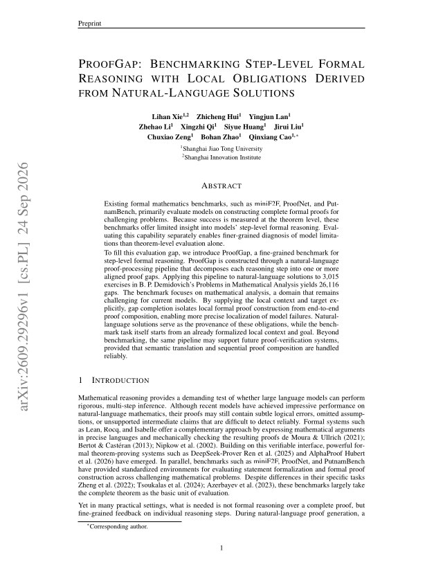 First page of ProofGap: Benchmarking Step-Level Formal Reasoning with Local Obligations Derived from Natural-Language Solutions