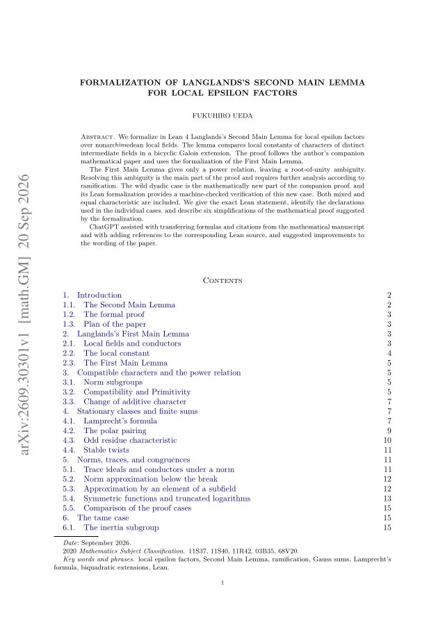 First page of Formalization of Langlands's Second Main Lemma for Local Epsilon Factors