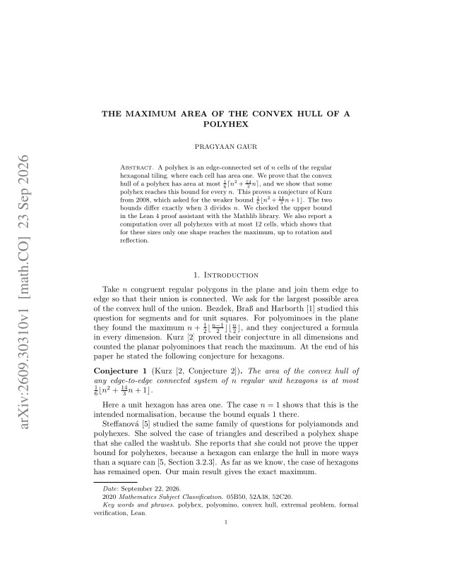 First page of The maximum area of the convex hull of a polyhex