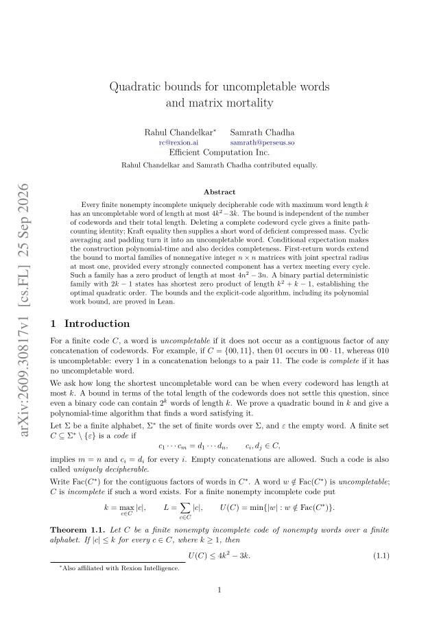 First page of Quadratic bounds for uncompletable words and matrix mortality