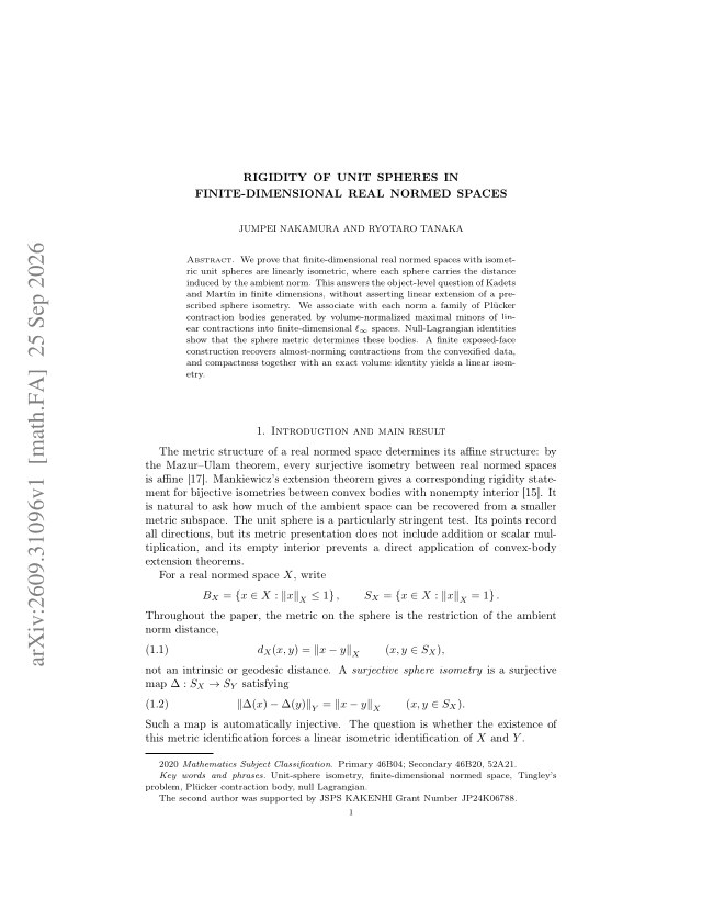 First page of Rigidity of unit spheres in finite-dimensional real normed spaces