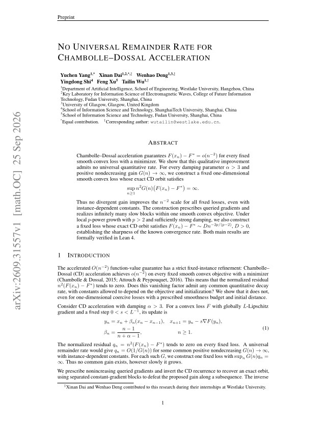First page of No Universal Remainder Rate for Chambolle-Dossal Acceleration