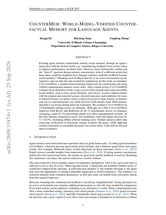 First page of COUNTERMEM: World-Model Verified Counter-Factual Memory for Language Agents
