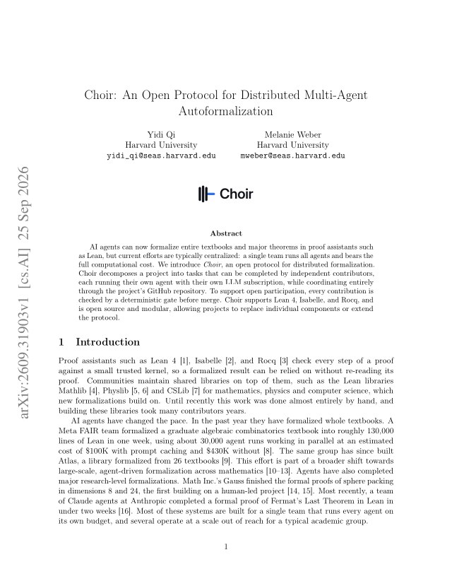 First page of Choir: An Open Protocol for Distributed Multi-Agent Autoformalization