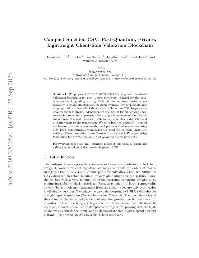 First page of Compact Shielded CSV: Post-Quantum, Private, Lightweight Client-Side Validation Blockchain