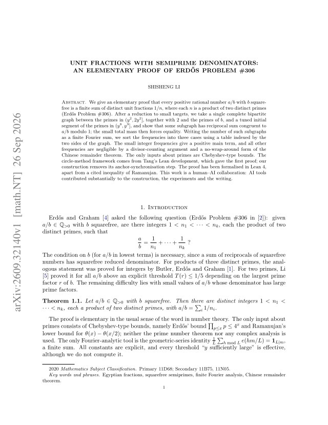 First page of Unit fractions with semiprime denominators: an elementary proof of Erdős Problem #306