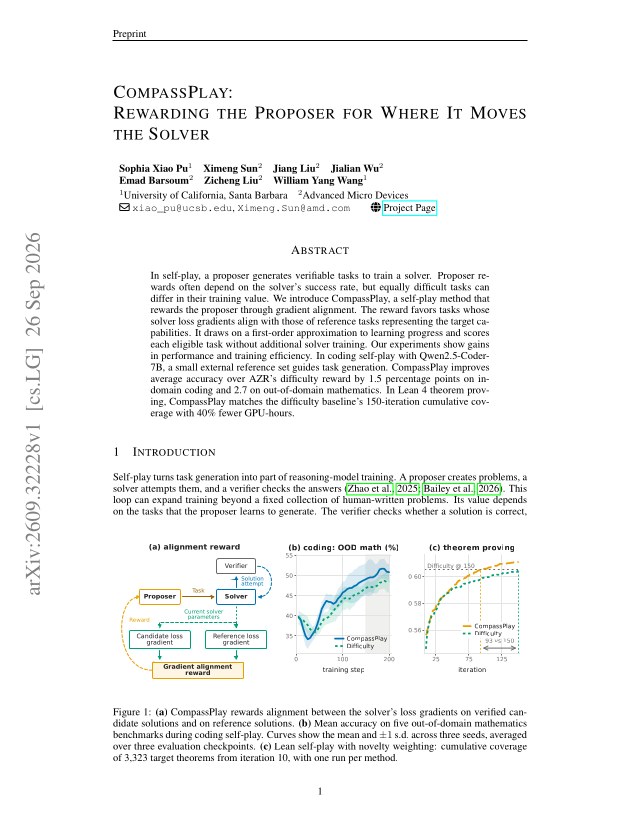 First page of CompassPlay: Rewarding the Proposer for Where It Moves the Solver