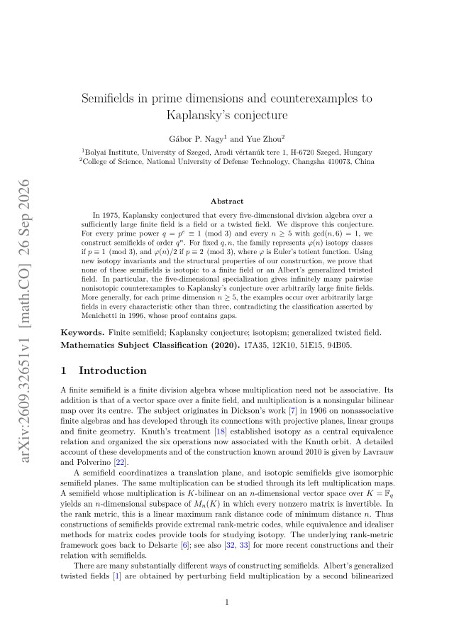 First page of Semifields in prime dimensions and counterexamples to Kaplansky's conjecture