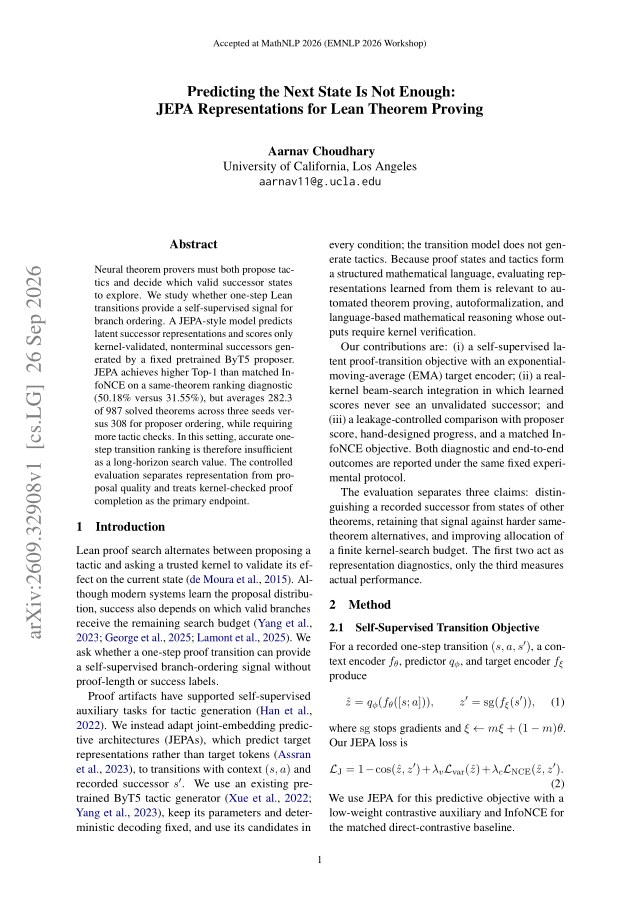 First page of Predicting the Next State Is Not Enough: JEPA Representations for Lean Theorem Proving