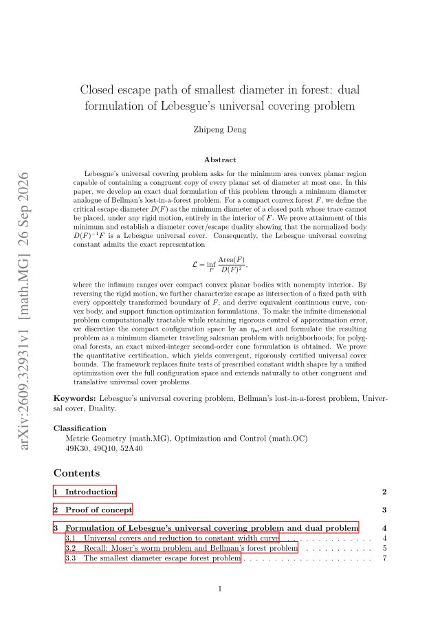 First page of Closed escape path of smallest diameter in forest: dual formulation of Lebesgue's universal covering problem