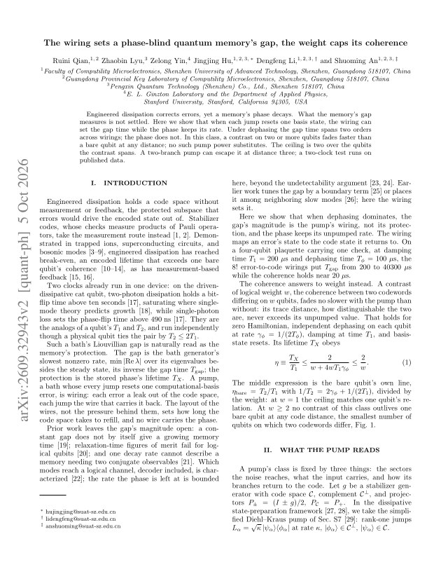 First page of The wiring sets a phase-blind quantum memory's gap, the weight caps its coherence