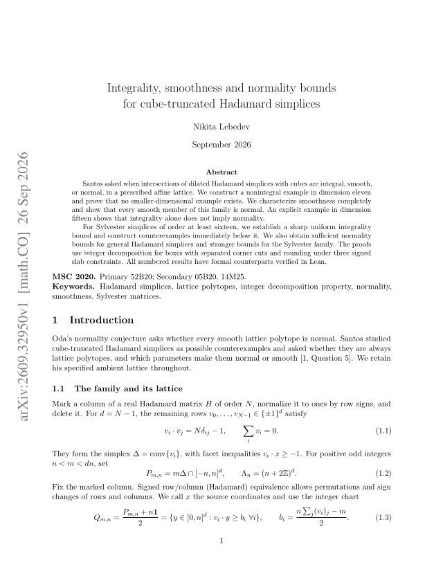 First page of Integrality, smoothness and normality bounds for cube-truncated Hadamard simplices