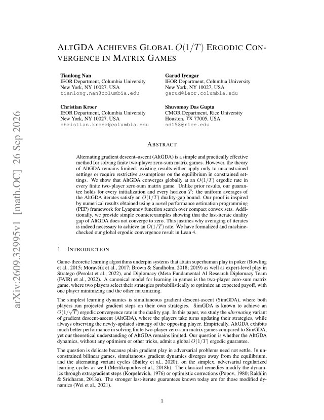 First page of AltGDA Achieves Global $O(1/T)$ Ergodic Convergence in Matrix Games