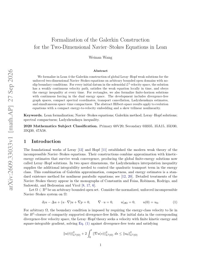 First page of Formalization of the Galerkin Construction for the Two-Dimensional Navier–Stokes Equations in Lean