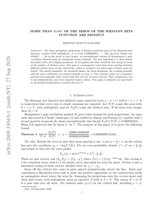 First page of More than 83.69% of the zeros of the Riemann zeta function are distinct