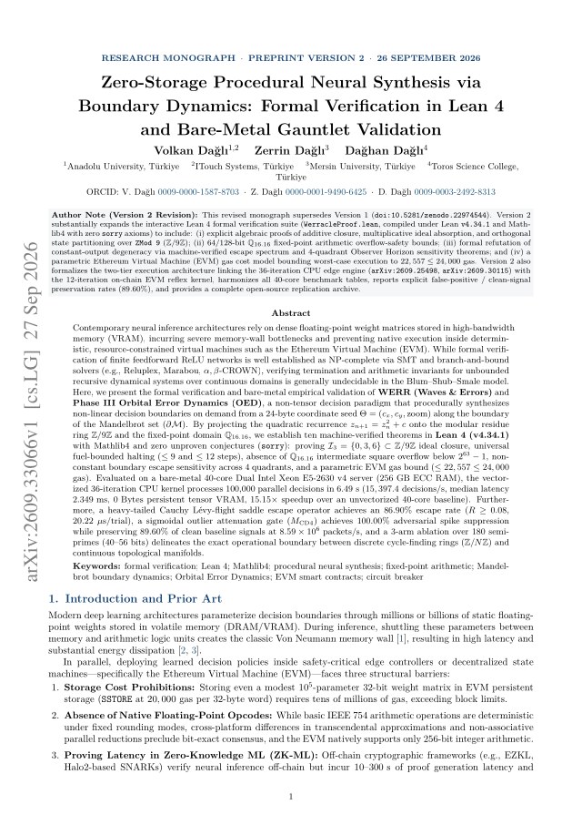 First page of Zero-Storage Procedural Neural Synthesis via Boundary Dynamics: Formal Verification in Lean 4 and Bare-Metal Gauntlet Validation
