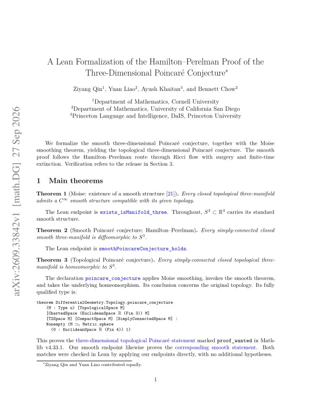 First page of A Lean Formalization of the Hamilton–Perelman Proof of the Three-Dimensional Poincaré Conjecture