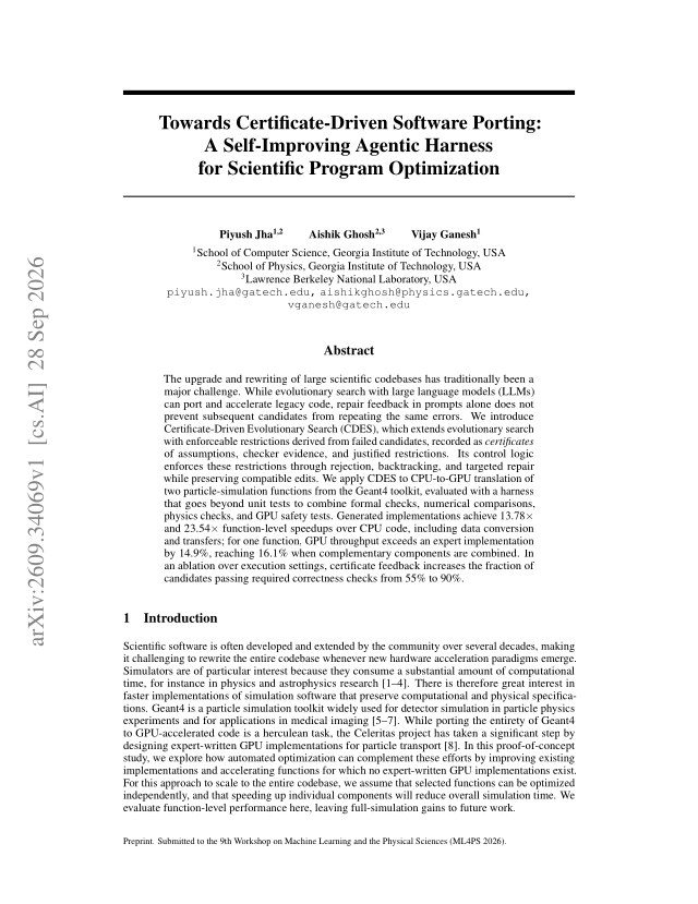 First page of Towards Certificate-Driven Software Porting: A Self-Improving Agentic Harness for Scientific Program Optimization