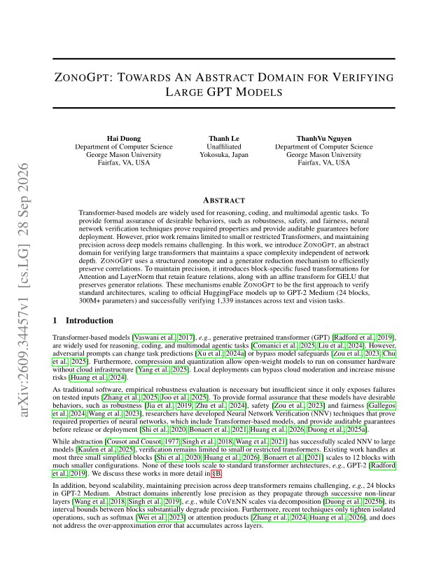 First page of ZonoGPT: Towards An Abstract Domain for Verifying Large GPT Models