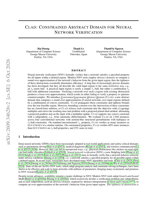 First page of CLAD: Constrained Abstract Domain for Neural Network Verification