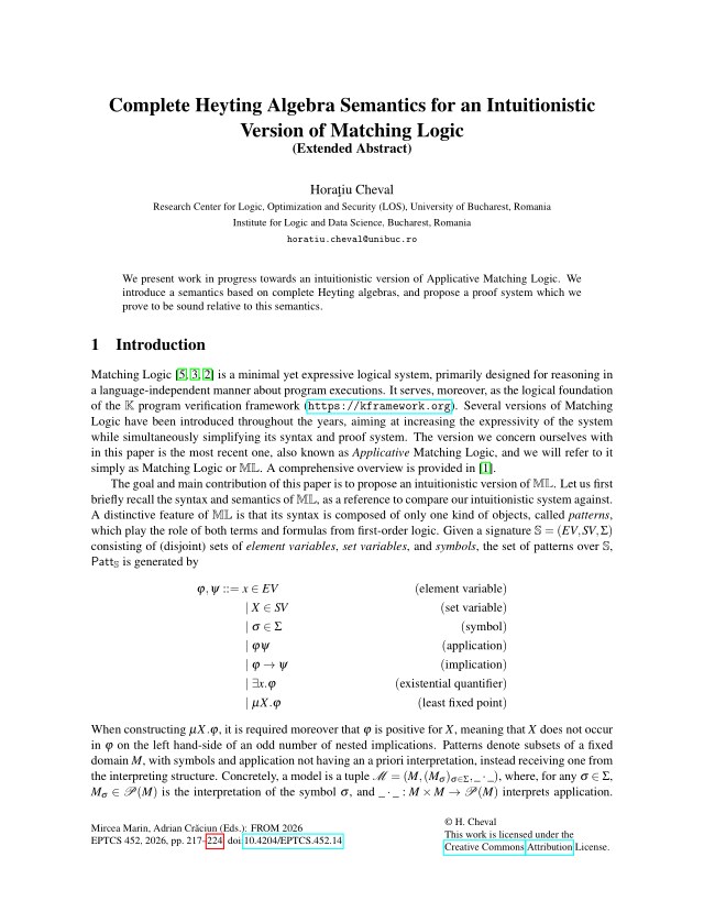 First page of Complete Heyting Algebra Semantics for an Intuitionistic Version of Matching Logic (Extended Abstract)