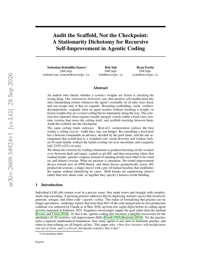 First page of Audit the Scaffold, Not the Checkpoint: A Stationarity Dichotomy for Recursive Self-Improvement in Agentic Coding