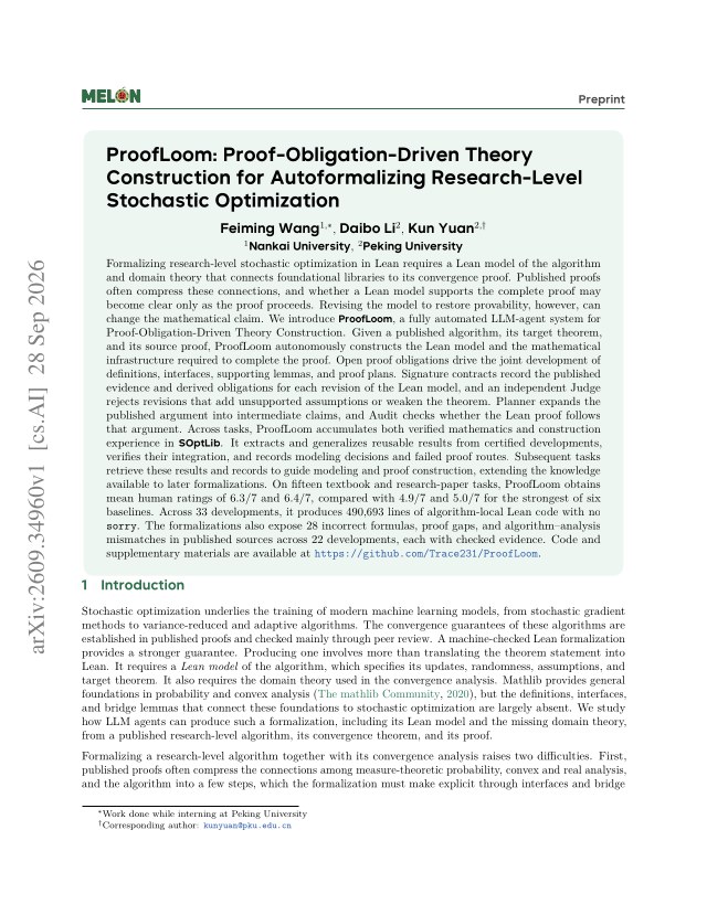 First page of ProofLoom: Proof-Obligation-Driven Theory Construction for Autoformalizing Research-Level Stochastic Optimization