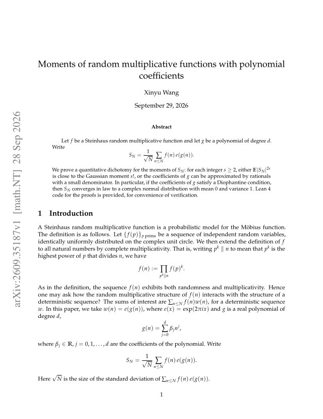 First page of Moments of random multiplicative functions with polynomial coefficients