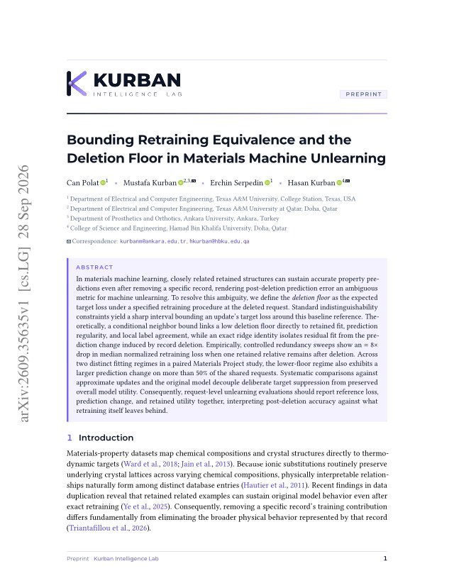 First page of Bounding Retraining Equivalence and the Deletion Floor in Materials Machine Unlearning