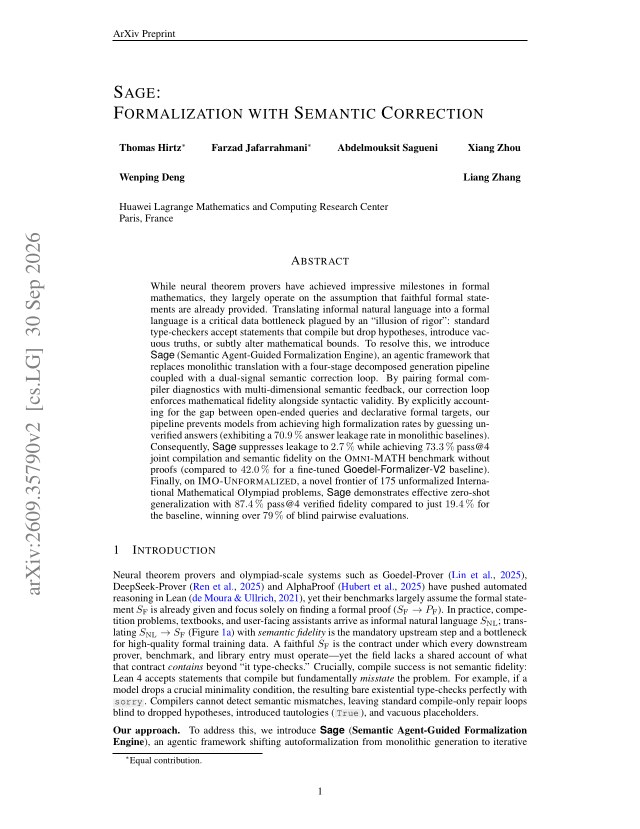 First page of Sage: Formalization with Semantic Correction