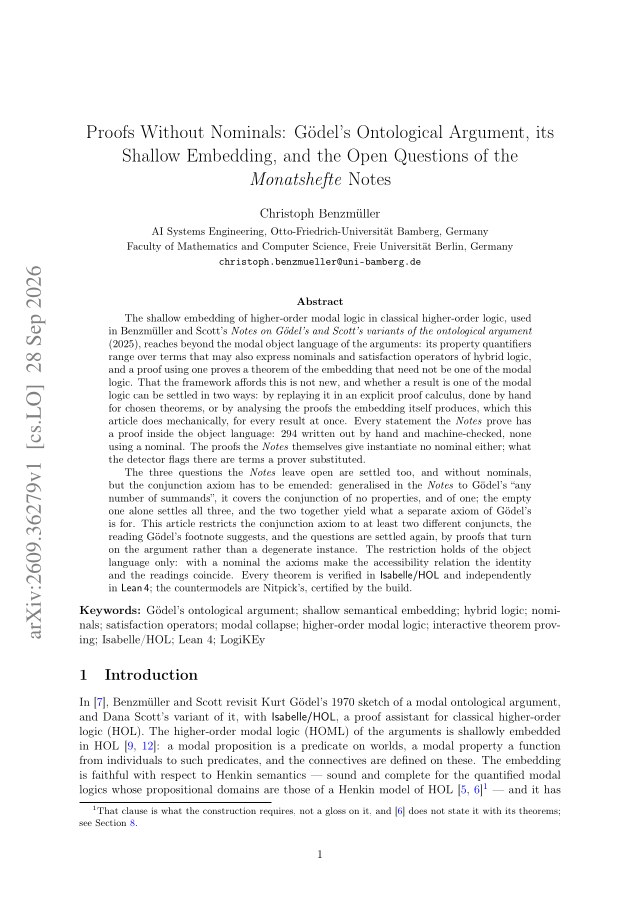 First page of Proofs Without Nominals: Gödel's Ontological Argument, its Shallow Embedding, and the Open Questions of the Monatshefte Notes