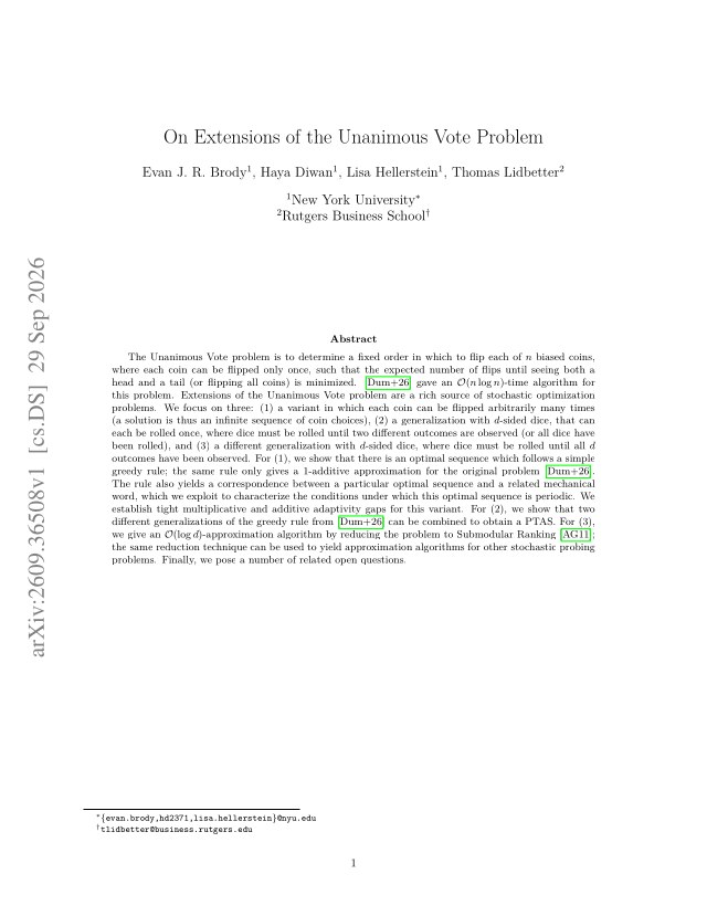 First page of On Extensions of the Unanimous Vote Problem