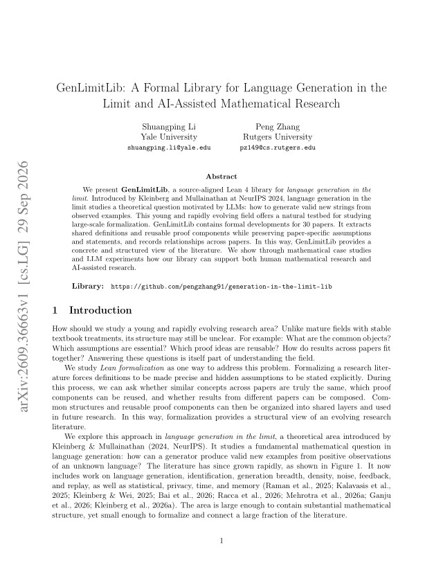 First page of GenLimitLib: A Formal Library for Language Generation in the Limit and AI-Assisted Mathematical Research