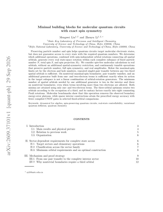 First page of Minimal building blocks for molecular quantum circuits with exact spin symmetry