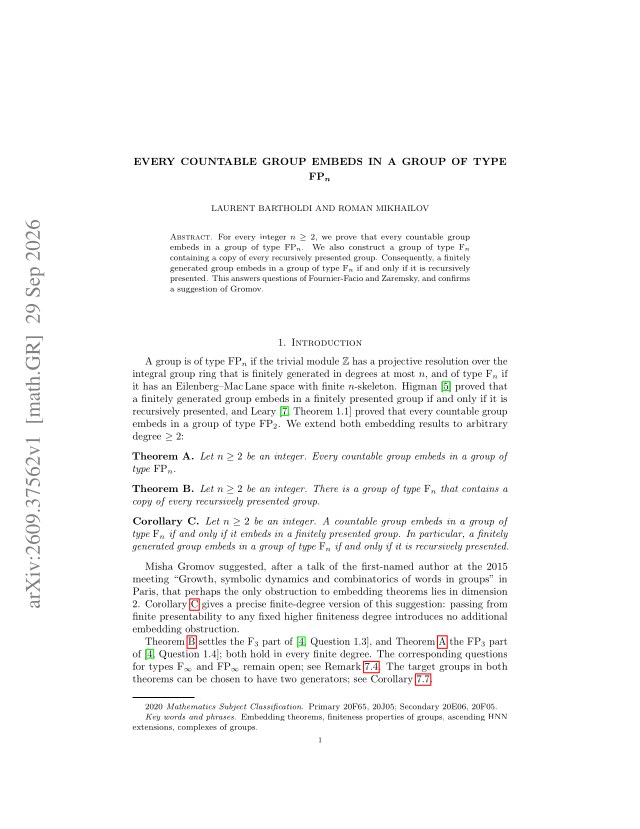 First page of Every countable group embeds in a group of type $\mathrm{FP}_n$