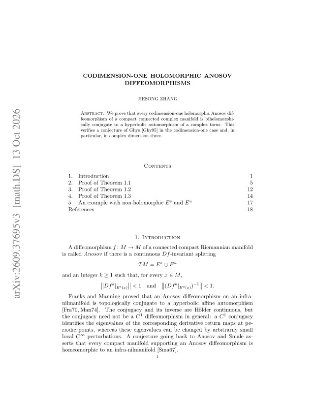 First page of Codimension-one holomorphic Anosov diffeomorphisms