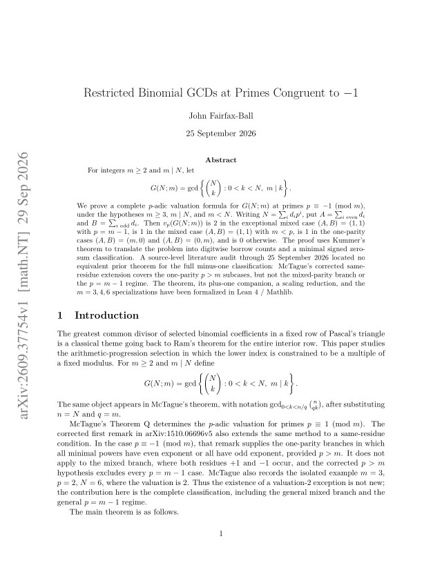 First page of Restricted Binomial GCDs at Primes Congruent to -1