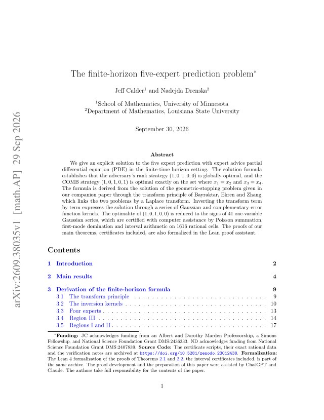 First page of The finite-horizon five-expert prediction problem