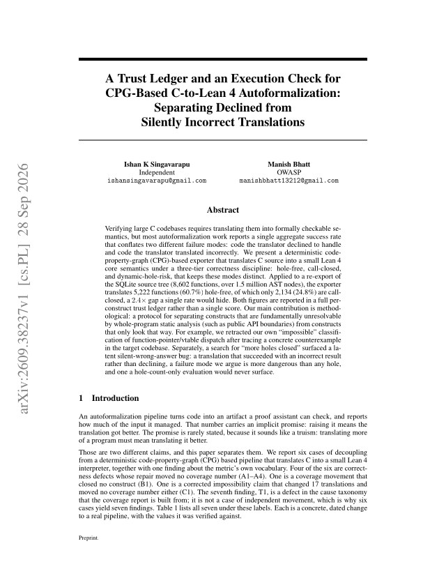 First page of A Trust Ledger and an Execution Check for CPG-Based C-to-Lean 4 Autoformalization: Separating Declined from Silently Incorrect Translations
