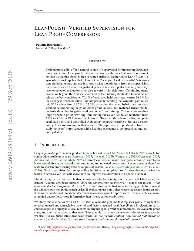 First page of LeanPolish: Verified Supervision for Lean Proof Compression