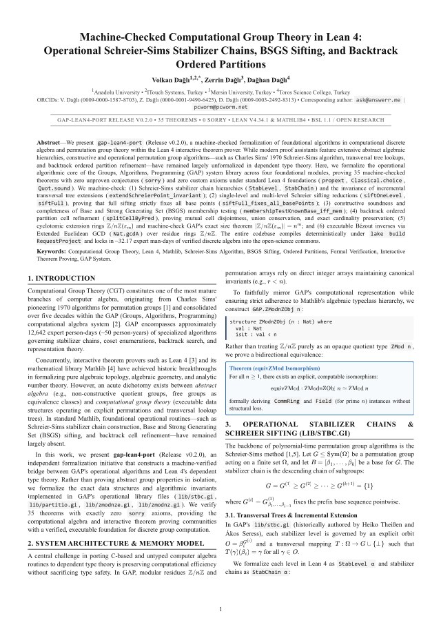 First page of Machine-Checked Computational Group Theory in Lean 4: Operational Schreier-Sims Stabilizer Chains, BSGS Sifting, and Backtrack Ordered Partitions