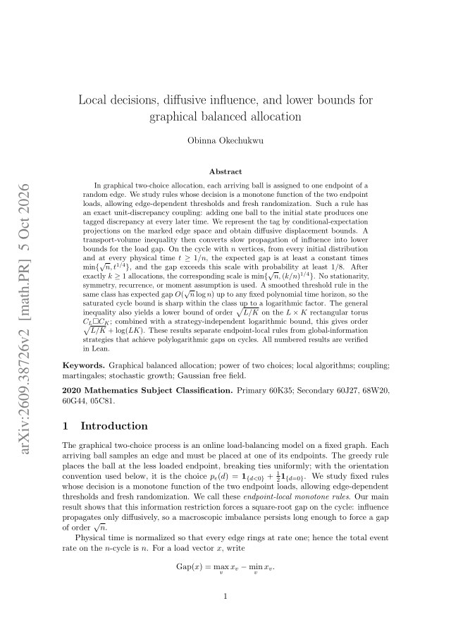 First page of Local decisions, diffusive influence, and lower bounds for graphical balanced allocation