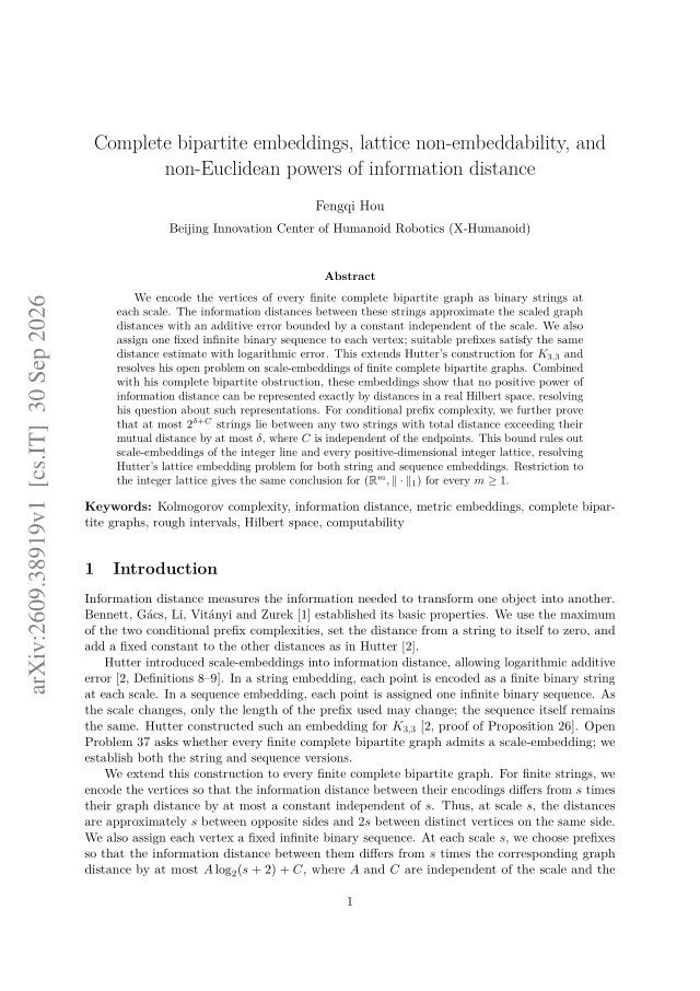 First page of Complete bipartite embeddings, lattice non-embeddability, and non-Euclidean powers of information distance
