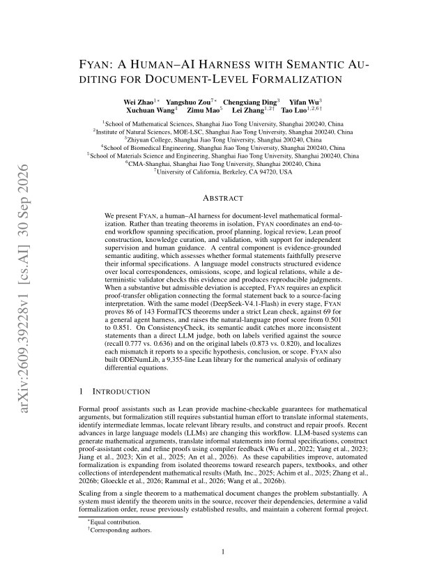 First page of Fyan: A Human–AI Harness with Semantic Auditing for Document-Level Formalization