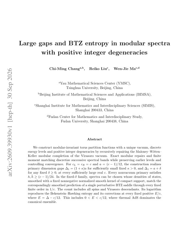 First page of Large gaps and BTZ entropy in modular spectra with positive integer degeneracies