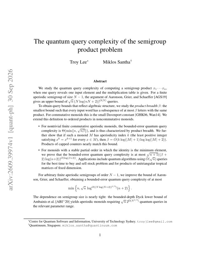 First page of The quantum query complexity of the semigroup product problem