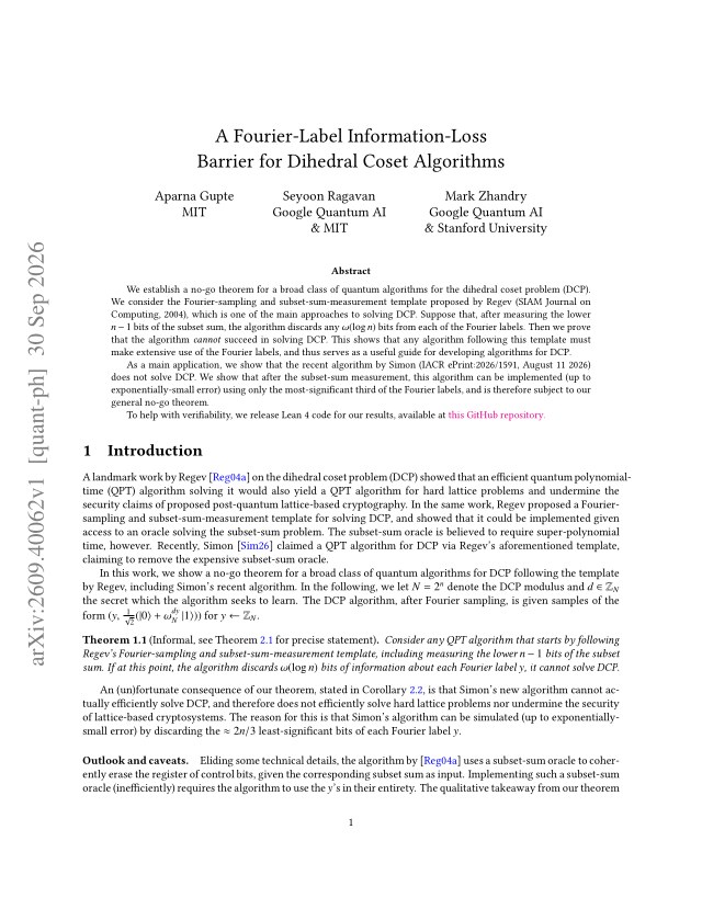 First page of A Fourier-Label Information-Loss Barrier for Dihedral Coset Algorithms