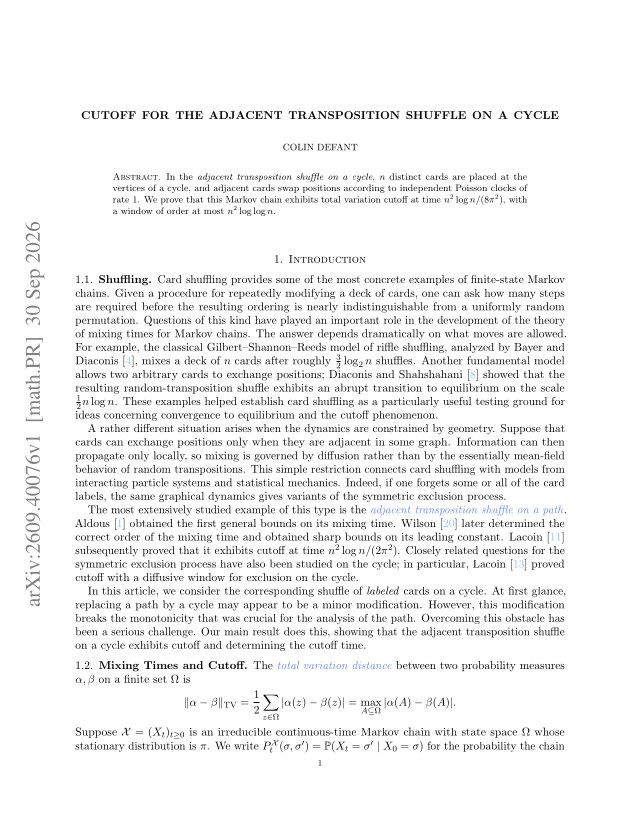 First page of Cutoff for the Adjacent Transposition Shuffle on a Cycle