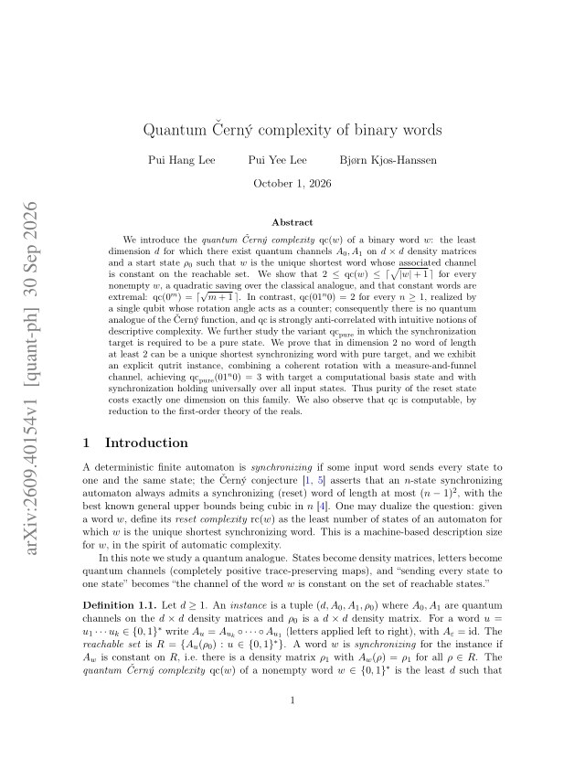 First page of Quantum Černý complexity of binary words